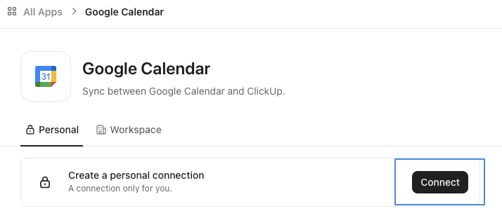 ClickUp Google Calendar integration - connect google account