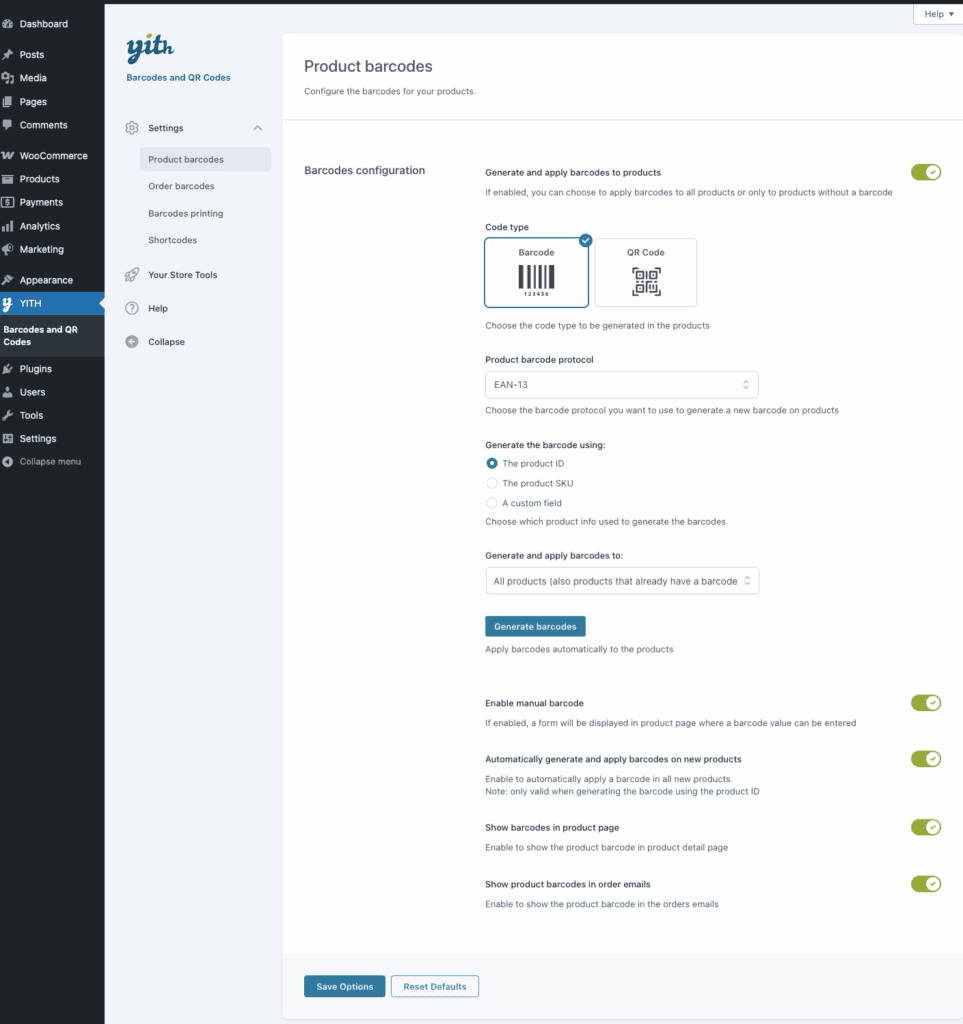YITH Barcodes and QR Codes settings page