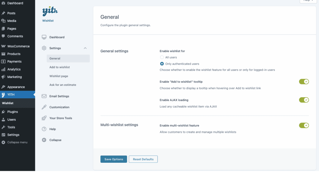 YITH-WooCommerce-Wishlist Settings